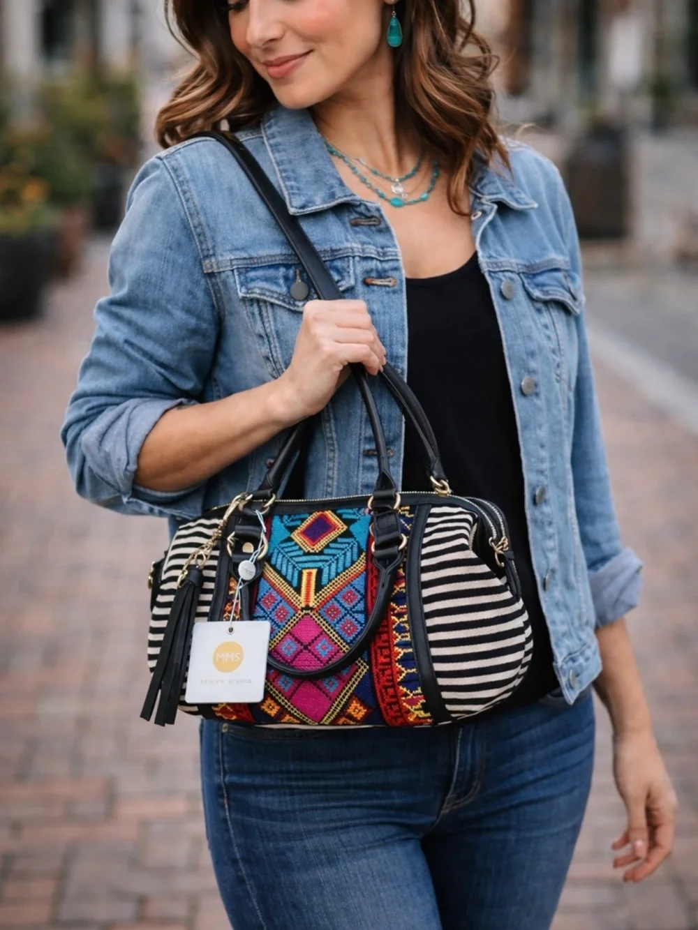 MMS Design Studio Boho Tribal Satchel | Zebra Print & Embroidered Crossbody Bag